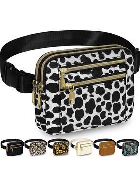Women's Cow Print Waterproof Fanny Pack 4 Zip Pocket Adjustable Crossbody Bag